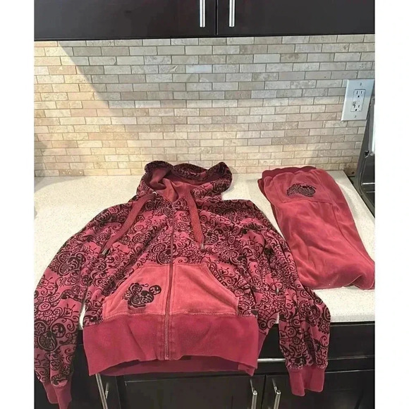 Disney Parks Hidden Mickey Maroon Velour 2 Piece Track Suit BP - Picture 1 of 11